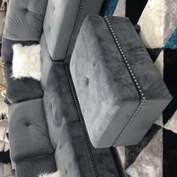 Sienna Silver Velvet Sectional with Ottoman & Couch