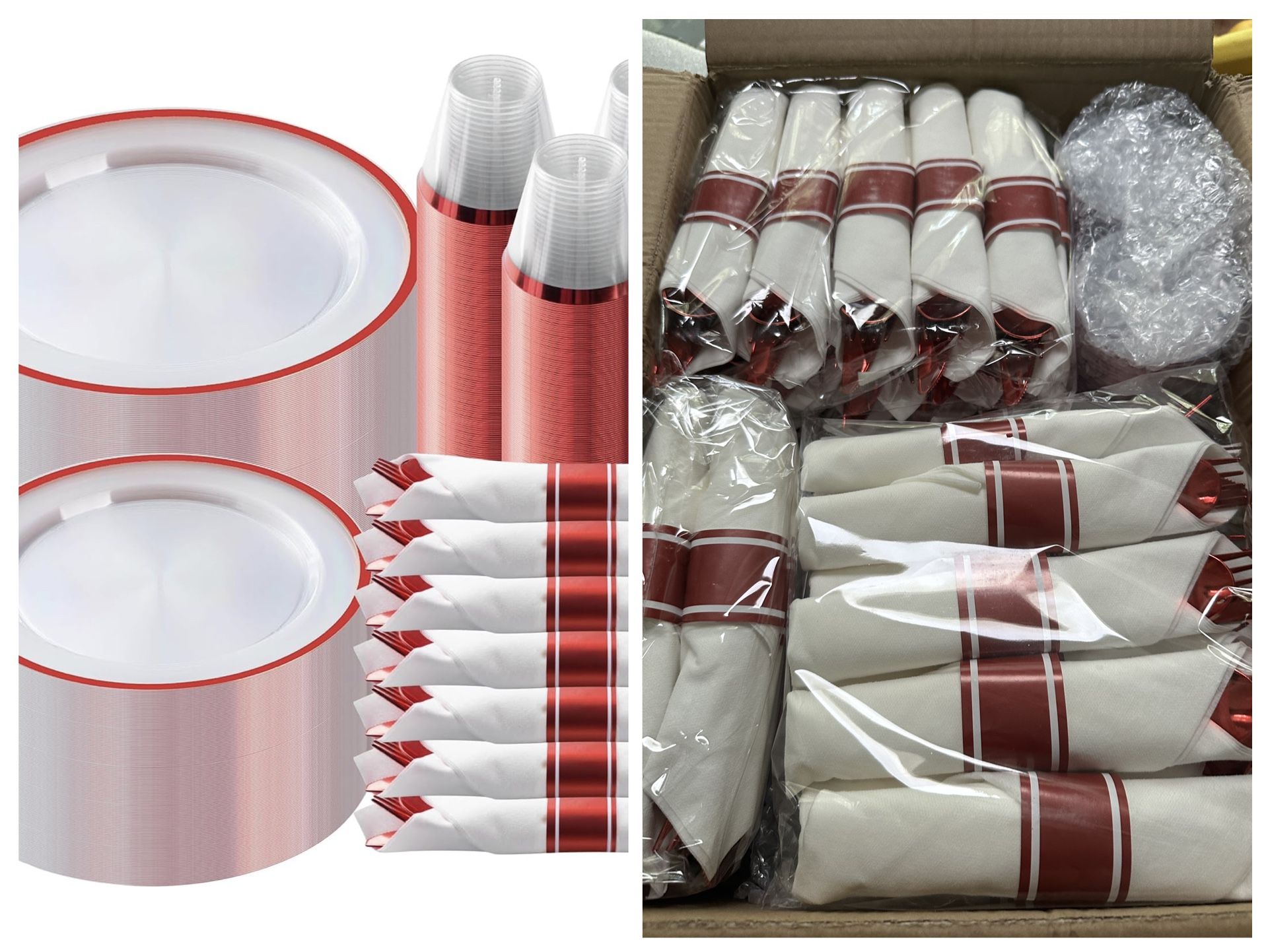 350 Piece Red Plastic Dinnerware Set for Party, Clear Disposable Plates for 50 Guests, Include: 50 Dinner Plastic Plates, 50 Dessert Plates, 50 Pre Ro