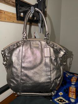Coach Madison Lindsey Satchel Top Handle Bag, Zip, Detachable Strap, Silver HW.