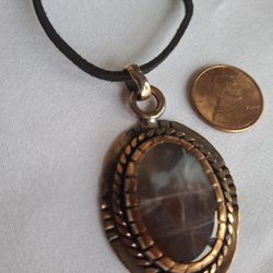 Artisanal Gemstone Pendant Necklace Leather Cord Copper Metal Handmade In Ecuador 
