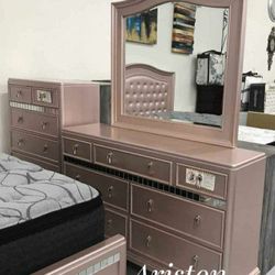 Pink Color Queen Bedroom Set Bed Frame, Dresser, Nightstand, Mirror 💛No Needed Credit Check 💛 $39 Down Payment with Financing0950