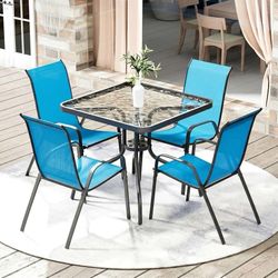 5 Pieces Outdoor Patio Dining Set, Glass Table and Textilene Chair