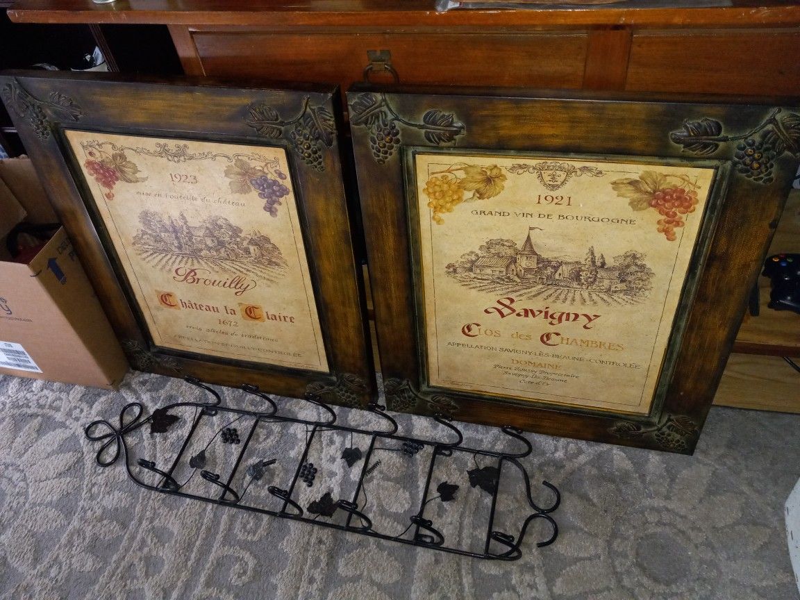 Tuscan bronze metal framed art set and wine bottle rack