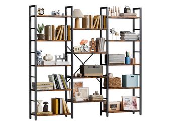 Triple Column 5 Tier Bookshelf, Industrial Large Bookcase Display Shelves, Large Etagere Bookshelf, Wide Book Shelf Book Case for Home & Office, Rusti