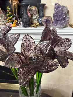 Hand- blown glass Iris flowers long stem 20”