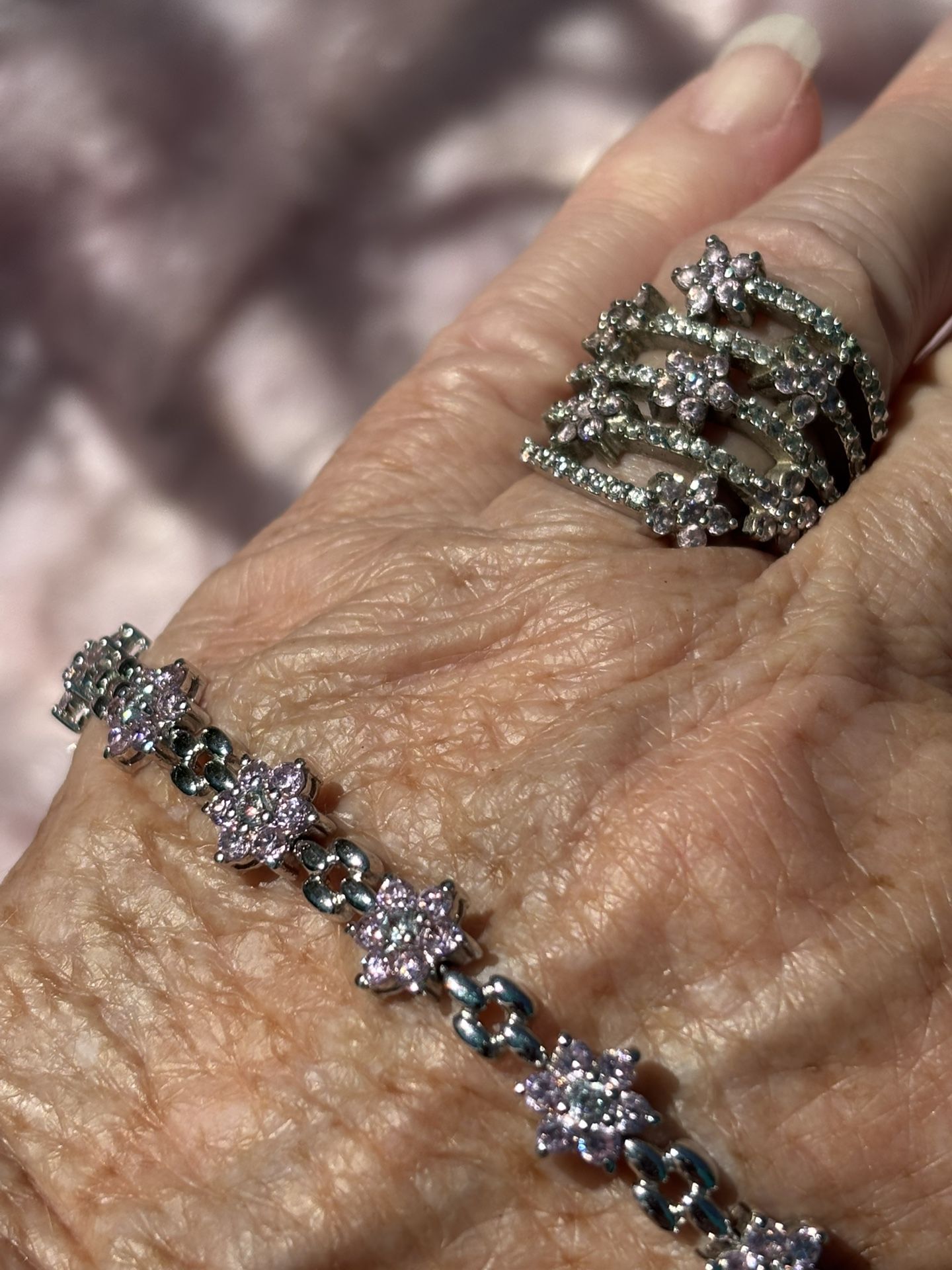 Pink Round CZ And Clear CZ Flower Bracelet And Matching Ring In Silver 925