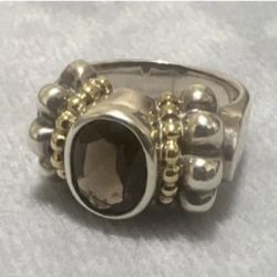 Lagos Caviar Sterling Silver Oval Garnet Bezel Ring with Gold Accents