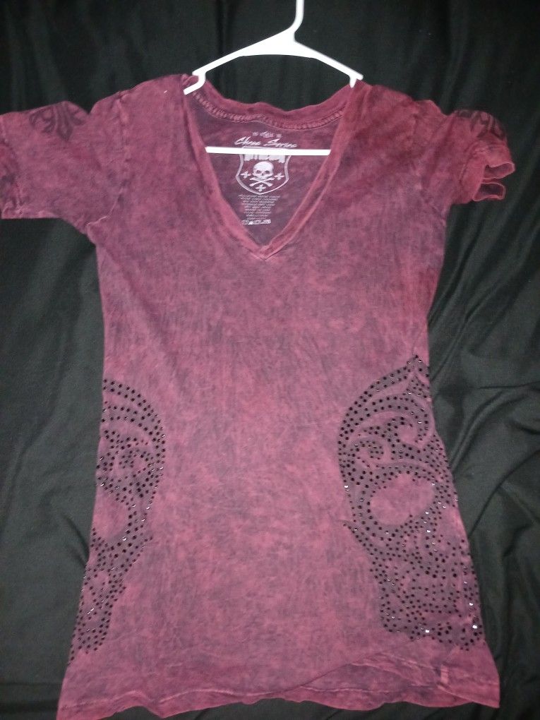 AFFLICTION CHAOS SERIES RED SHIRT WITH RHINESTONES MEDIUM WOMENS TEE