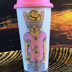 Ceramic Travel Mug Hipster Cat With Lid