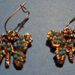 Mini Blue Stone On Silver Antique Butterfly Earrings