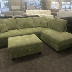 Sage Green Sectional—usb Port And Storage Ottoman 