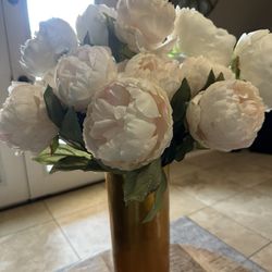 Lot of Silk Sugar Peonies and 3 Gold Bamboo Lacquerware Vases