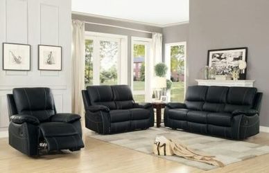 Brand New Black Leather Baseball Stitched Reclining Sofa Loveseat & Chair