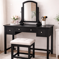 Makeup Vanity Set with Mirror and Cushioned Stool, Dressing Table with 3Drawers and Removable Storage Organizers, Bedroom Makeup Table with Stool for 