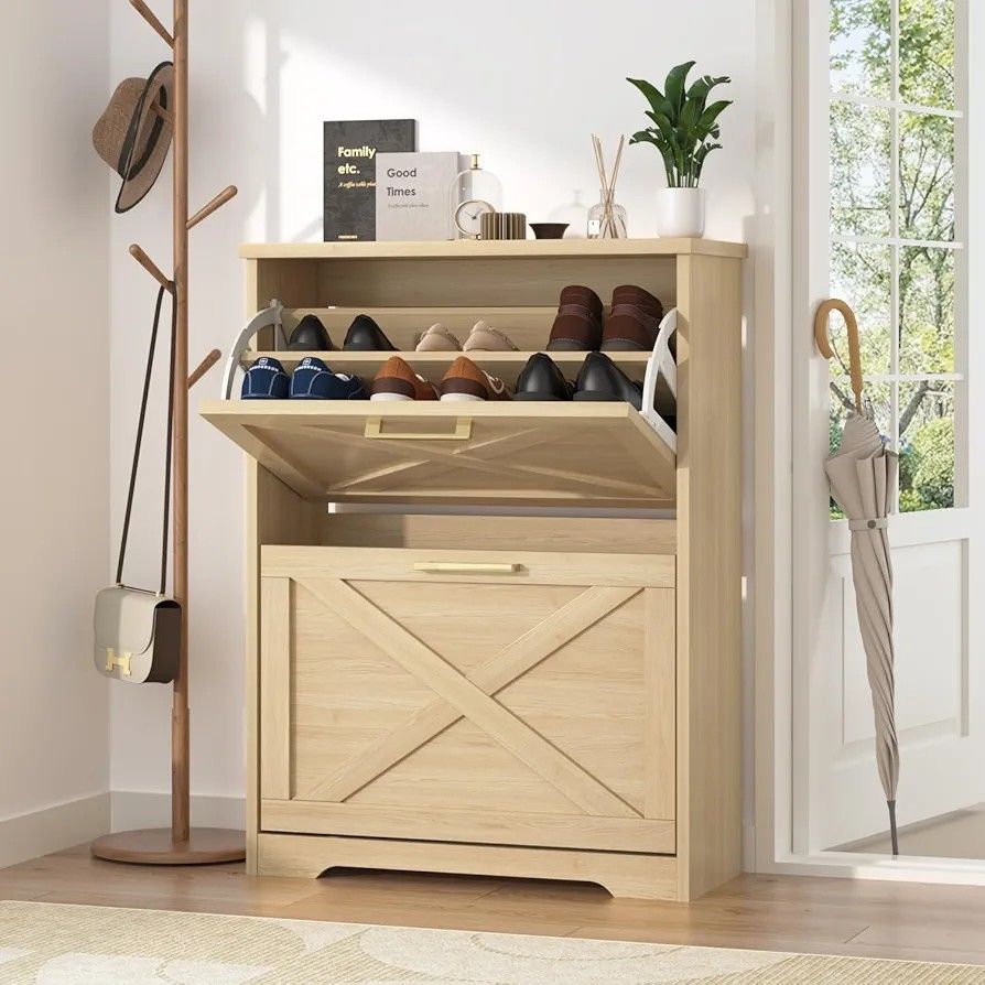 NEW Slim Natural Wood Shoe Cabinet w/ 2 Flip Drawers, Entryway Storage Organizer