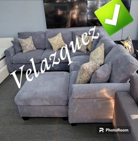 ✅️4 pc dark grey corduroy fabric sectional sofa with rounded arms and ottoman^*^*& *
