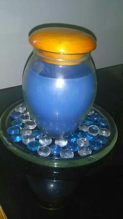 Glass Candle w/Lid,Glass Tray & Colorful Blue Marbles! - $7
