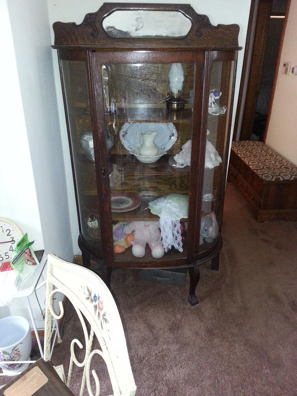 Antique Curved Glass Curio Great Added Antique Feature For The
