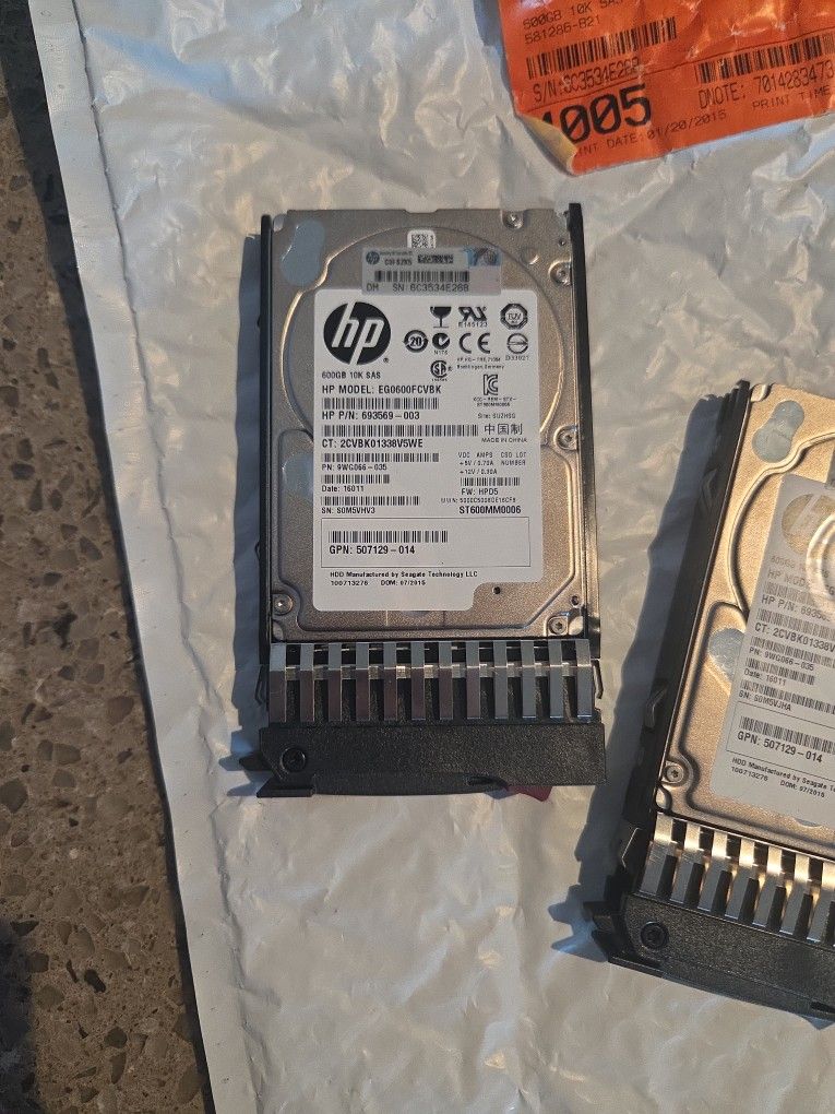 Brand new, never-used HP 600GB 10K RPM SAS Server Hard Drive (Model: EG0600FCVBK / P/N: 693569-003) Per Unit 2 Avai