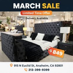 
Black velvet button tufted king bed frame Foodboard with TV lift