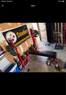 Bench + Plate Weights 255lbs + Stand and Bar !!