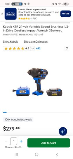 Tools
Power Tools
Drills & Drivers
Impact Wrenches
Kobalt XTR 24-volt Variable Speed Brushless 1/2-in Drive Cordless Impact Wrench