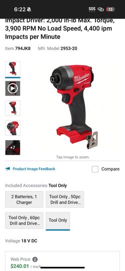 Impact Driver: 2,000 in-lb Max. Torque, 3,900 RPM No Load Speed, 4,400 ipm Impacts per Minute