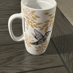 Starbucks 2017 Hummingbird Ceramic Tall Coffee Tea Mug Cup 16oz Gold Leaves 