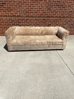 Vintage Channel-Tufted Faux Fur upholstered Low Profile Shearling-Like Beige Sofa Living Room
