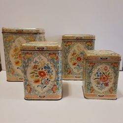 Set of 4 Antique Daher Metal Canisters With Hinged Lids