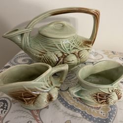 McCoy Pottery Green Brown Pine Cone Tea Set; Tea Pot Creamer & Sugar 