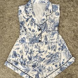 Bridesmaid Pajama Set Women’s S White/Blue Floral Smooth ButtonUp Shirt & Shorts