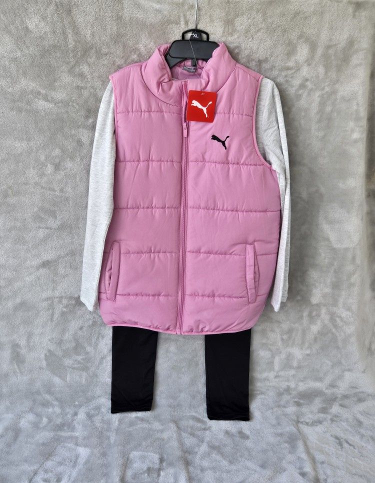 Girls LITTLE AND BIG Puma 3 PIECE PUFFER VEST WITH SHIRT AND LEGGINGS SIZE XL NWT