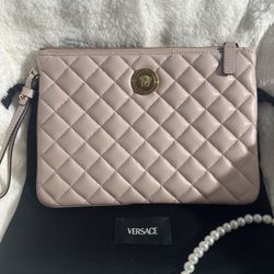 VERSACE Light Pink Quilted Clutch With Medusa Logo