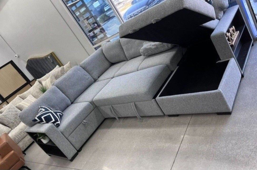 ✅️✅️4 pc Grey boucle fabric sectional sofa with storage chaise and love seat and pop up sleep area in center drop down tray tables✅️✅️✅️