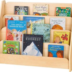 1767b  Kids Bookshelf, Wooden 4-Tier Front Facing Book Display Shelf for Kids, Toddler Montessori Bookshelf for Classroom, Playroom, Nursery