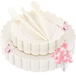 WONDERFUL 150 Pcs Ivory Plastic Plates for Party Disposable Heavy Duty for 30 Guests