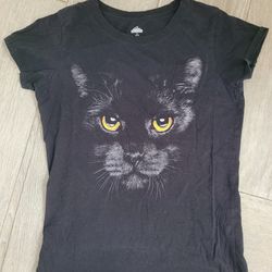 Celebrate Halloween Womens T Shirt Size M 8-10 Black Cat Big Eyes Cotton