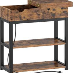 Side Table with Charging Station, Narrow Nightstand, Flip Side Table with USB Port and Storage Shelf for Small Spaces, Living Room, Bedroom, Rustic Br