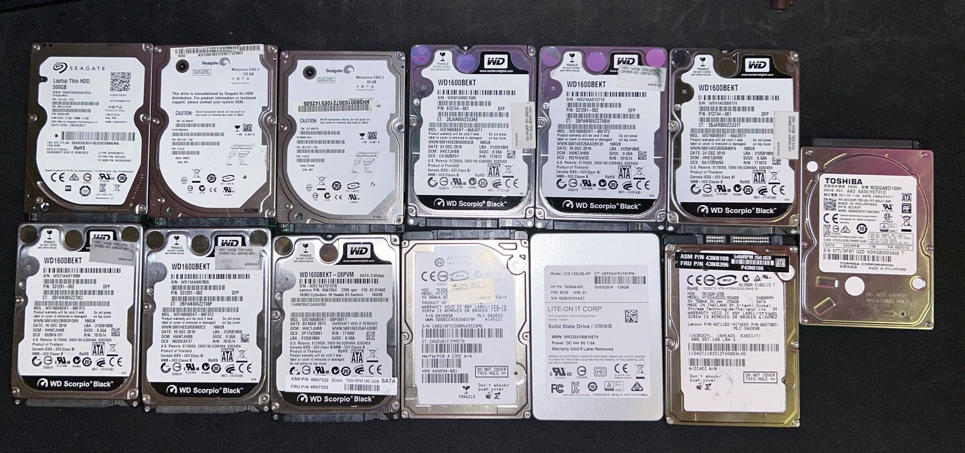 13x SSD HHD PC storage lot 250gb 500gb 160gb 120gb Seagate, WD Scorpio, Hitachi, Lenovo 1tb