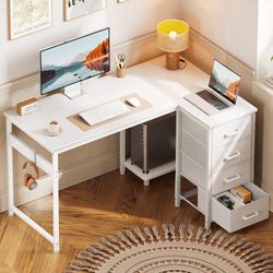 40 inch Computer Desk with 4 Fabric Drawers — Home Office Desks with Storage, Writing Desk with Side Hook, Desk Study/Work Table for Bedroom and Small