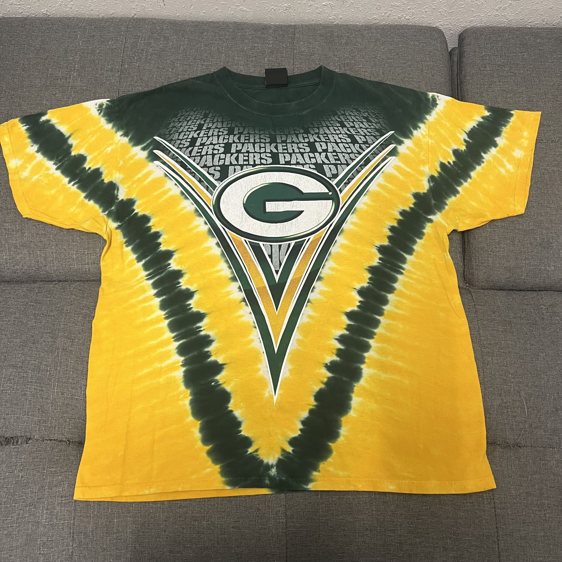 VINTAGE 90s NFL Green Bay Packers Shirt Mens Yellow Tie Dye Football Tee