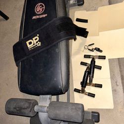 WORKOUT GEAR: FITNESS BENCH, WEIGHT BELT, PUSHUP STANDS. *Used 