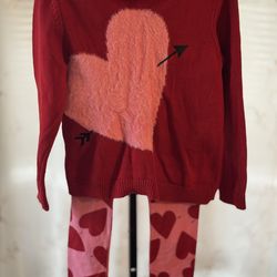Valentine's Day outfit features a red crewneck sweater with a fluffy pink heart design Size 10