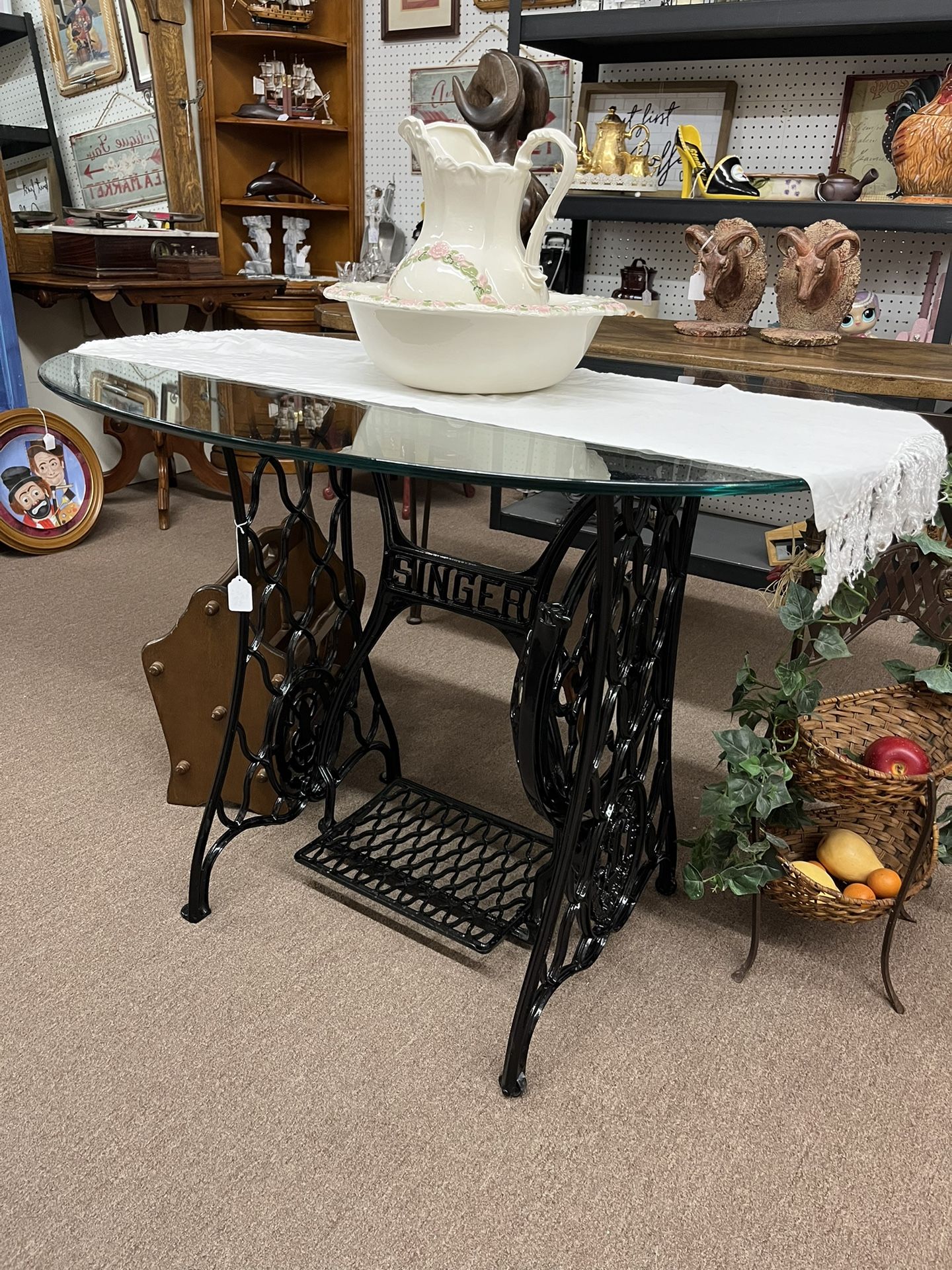 Antique Singer Base Glass Top Table