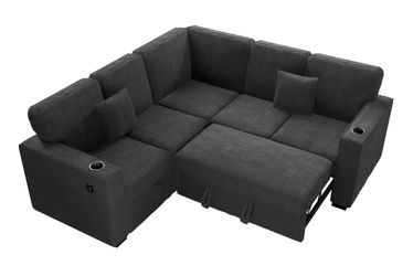 New Black Corduroy L-Shape Sleeper Sectional – Pull-Out Bed, Storage & Charging $10 Down