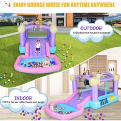Whubefy Inflatable Pink Bounce House for Kids 2-8 with Ball Pit, 161x82x63 All-in-ONE Jump and Slide Water Park w/50 Ocean Balls, 6 Dart Target Balls,
