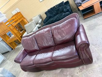 Burgundy Leather Sofa with Nailhead Trim