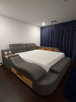 KING Gray Leather Platform Bed with Storage and Speakers