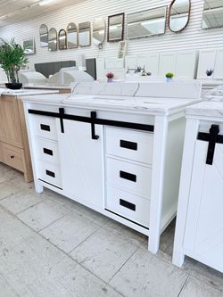White barn style bathroom vanity 49”in